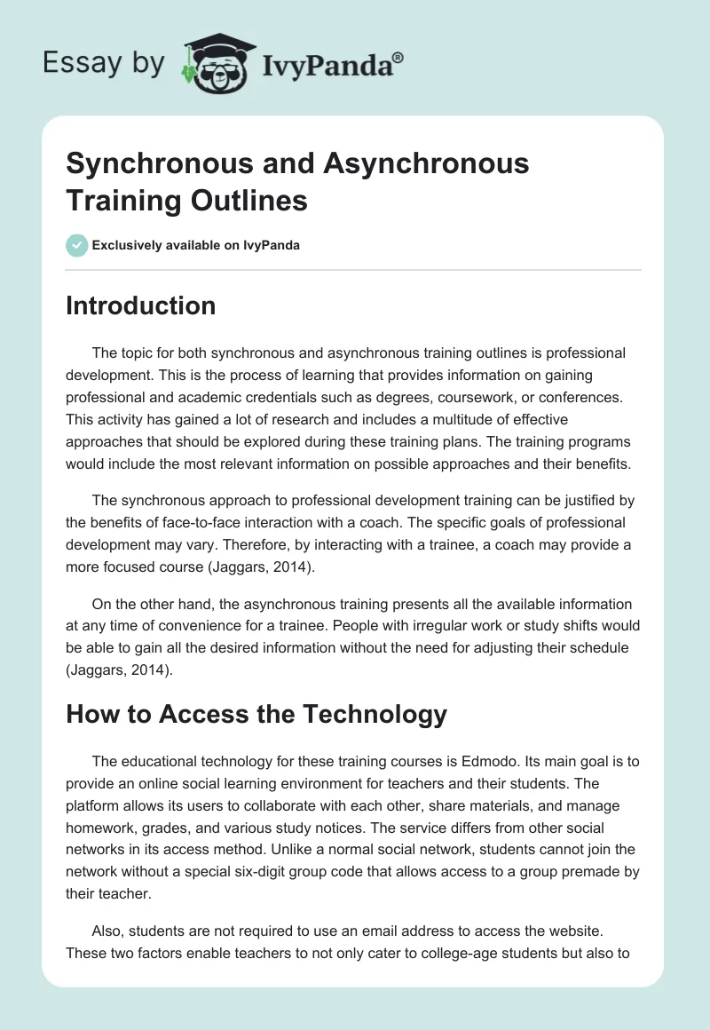 Synchronous and Asynchronous Training Outlines. Page 1