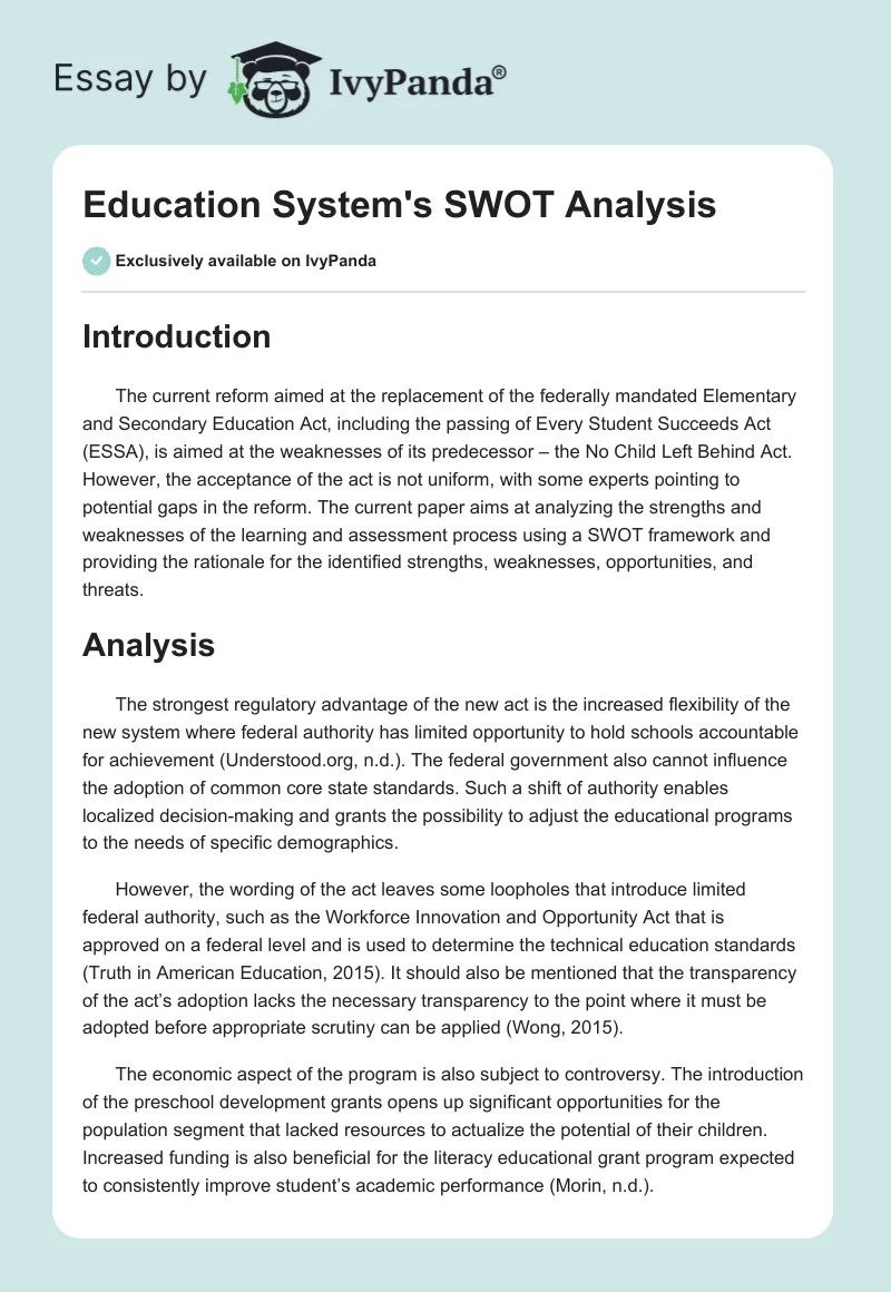 Education System's SWOT Analysis. Page 1