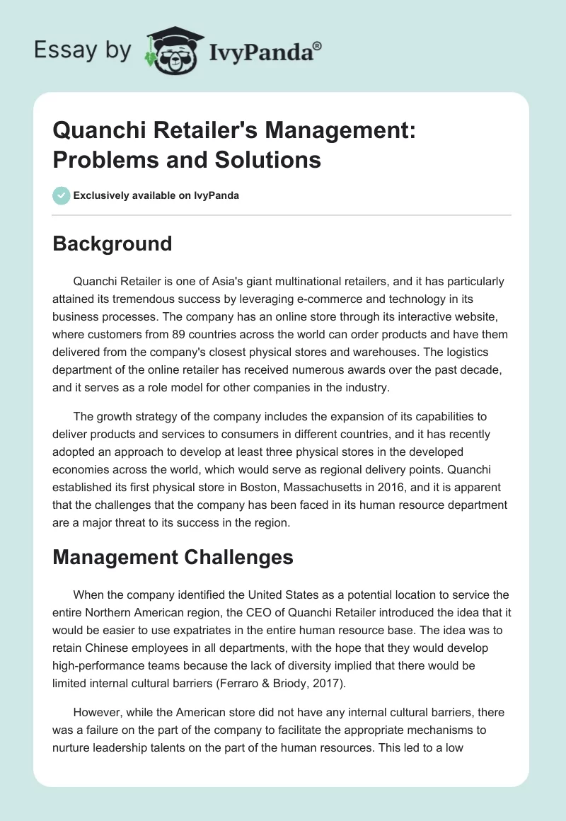 Quanchi Retailer's Management: Problems and Solutions. Page 1