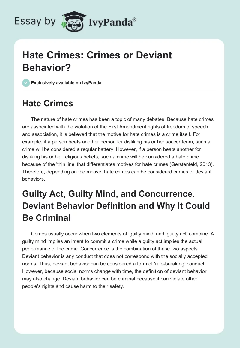 Hate Crimes: Crimes or Deviant Behavior?. Page 1