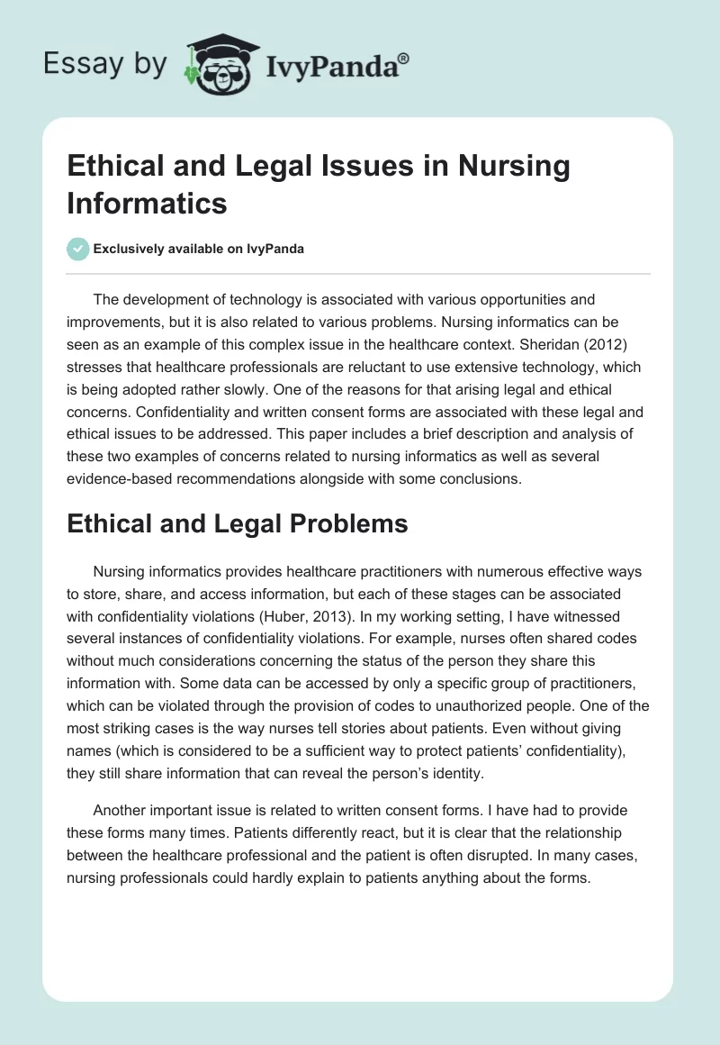 Ethical and Legal Issues in Nursing Informatics. Page 1