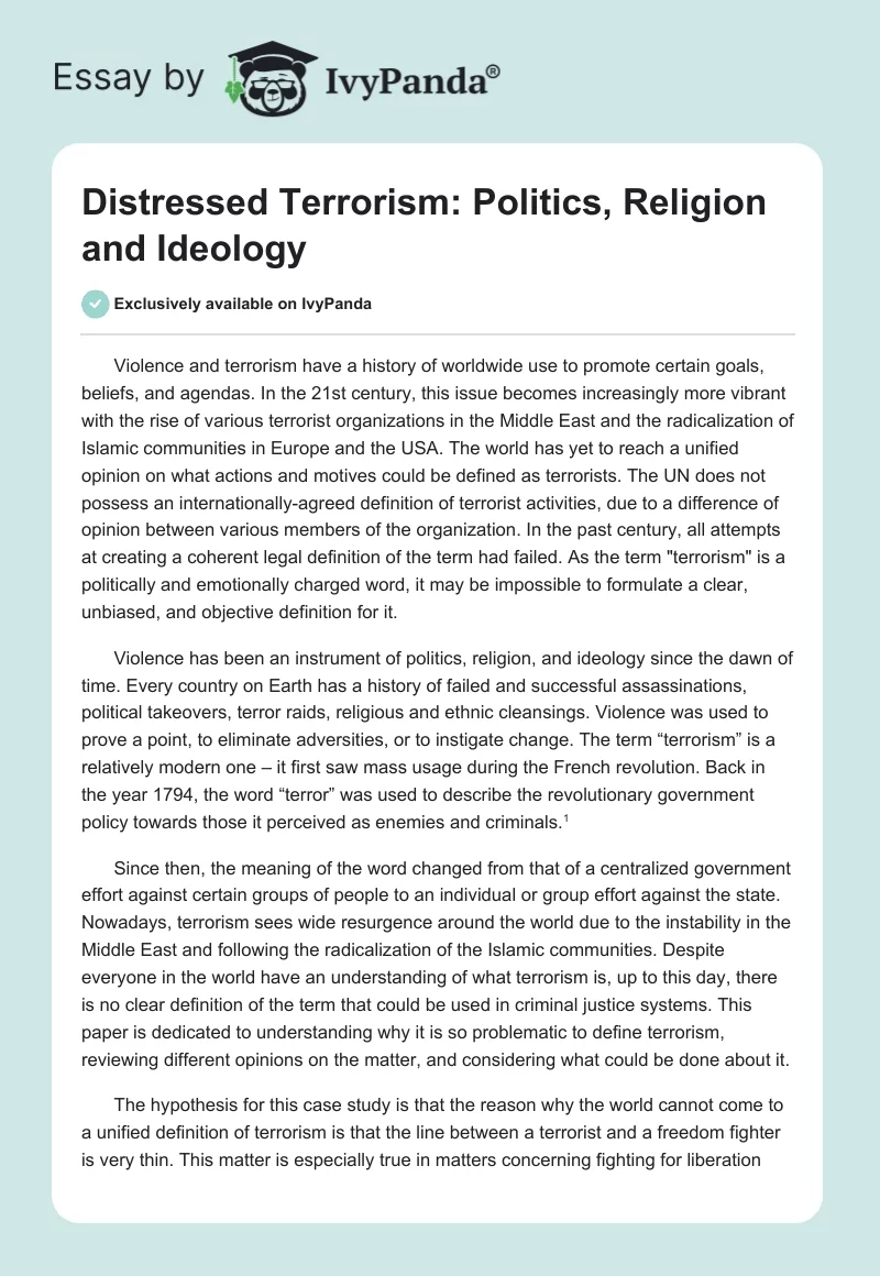 Distressed Terrorism: Politics, Religion and Ideology. Page 1
