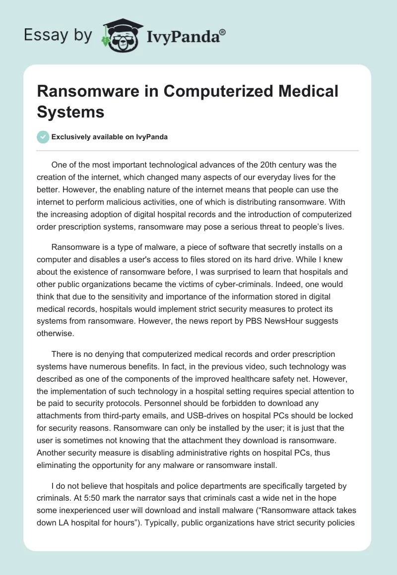 Ransomware in Computerized Medical Systems. Page 1