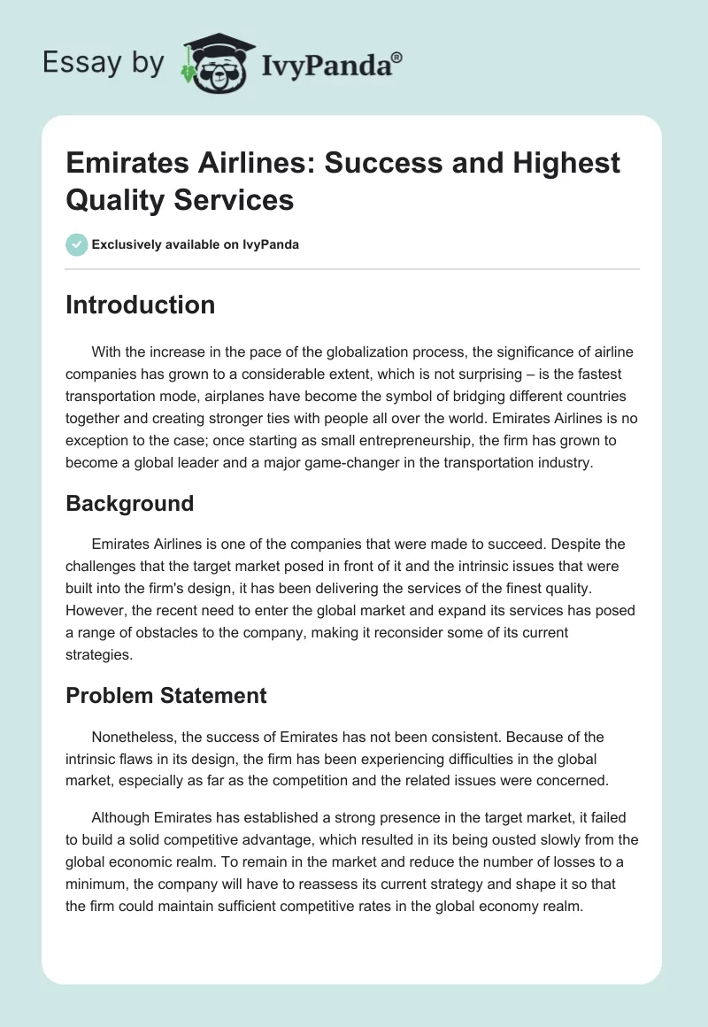 Emirates Airlines: Success and Highest Quality Services. Page 1