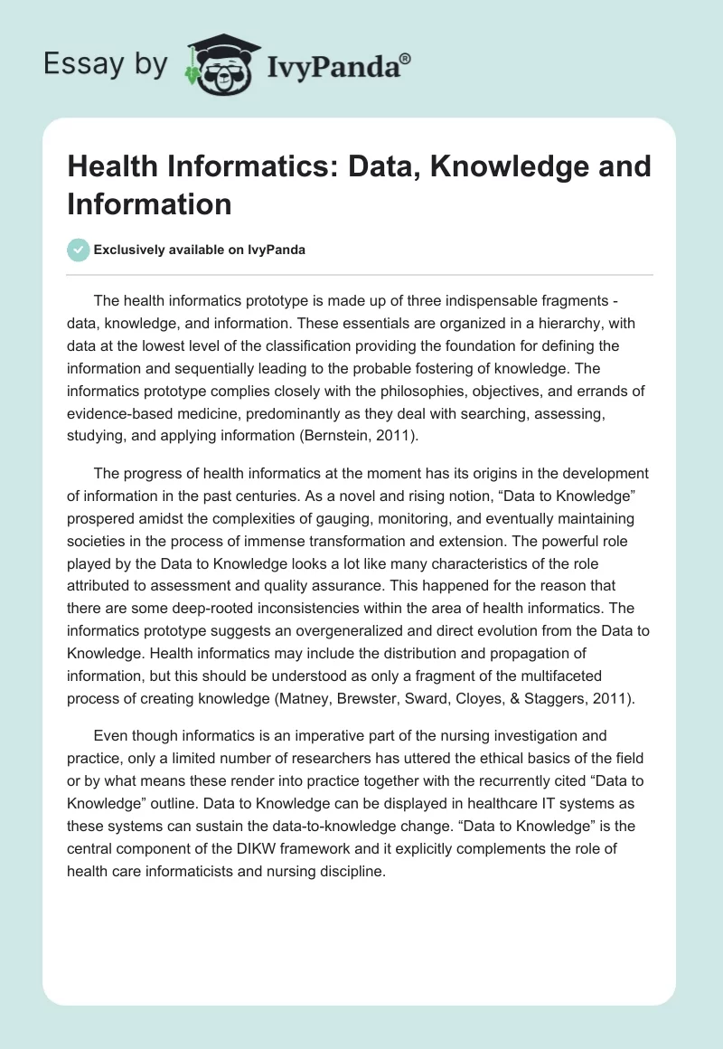 Health Informatics: Data, Knowledge and Information. Page 1
