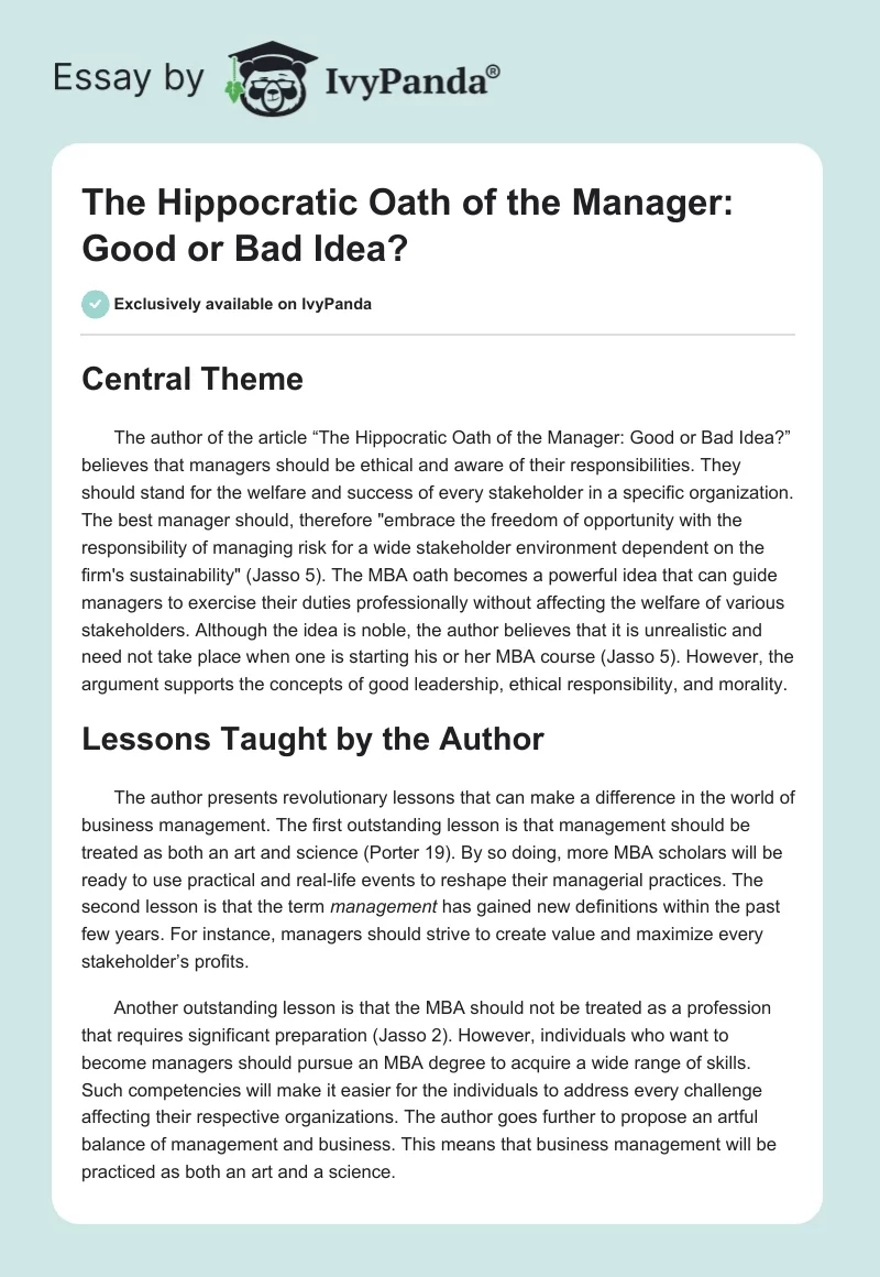 The Hippocratic Oath of the Manager: Good or Bad Idea?. Page 1