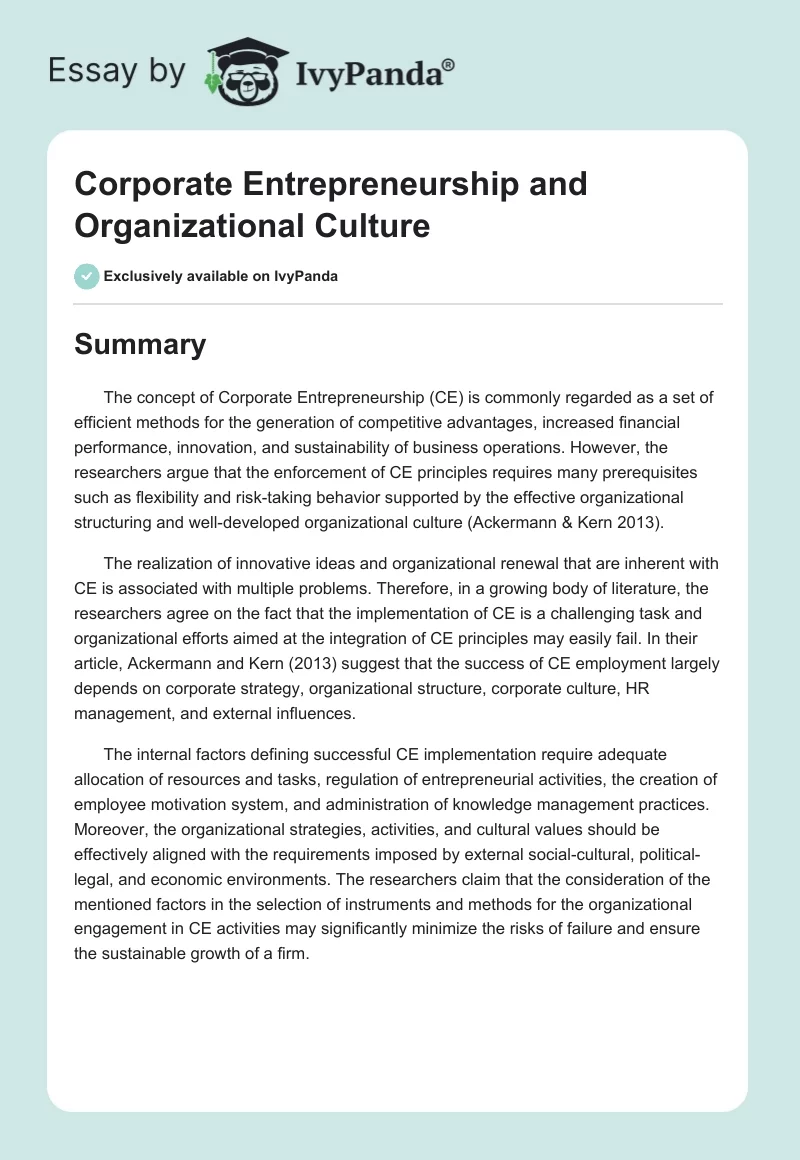 Corporate Entrepreneurship and Organizational Culture. Page 1