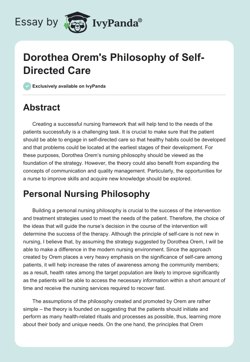 Dorothea Orem's Philosophy of Self-Directed Care. Page 1