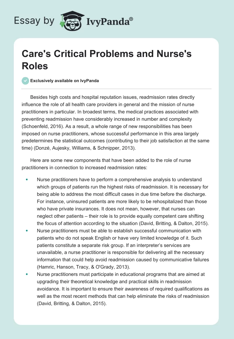 Care's Critical Problems and Nurse's Roles. Page 1