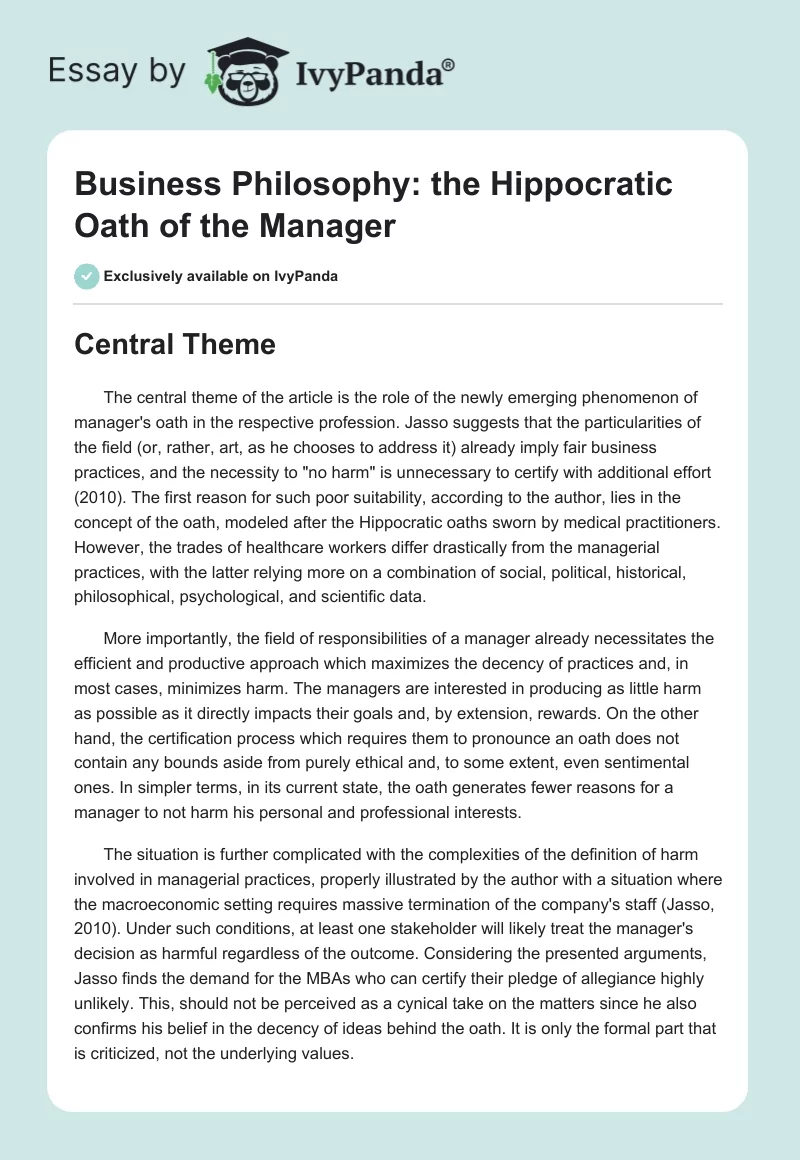 Business Philosophy: the Hippocratic Oath of the Manager. Page 1