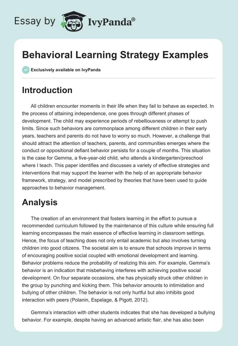 Behavioral Learning Strategy Examples. Page 1