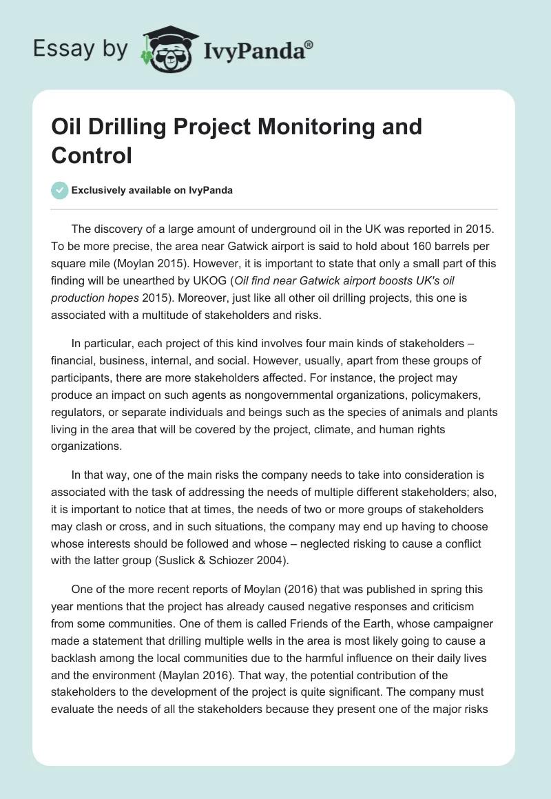 Oil Drilling Project Monitoring and Control. Page 1