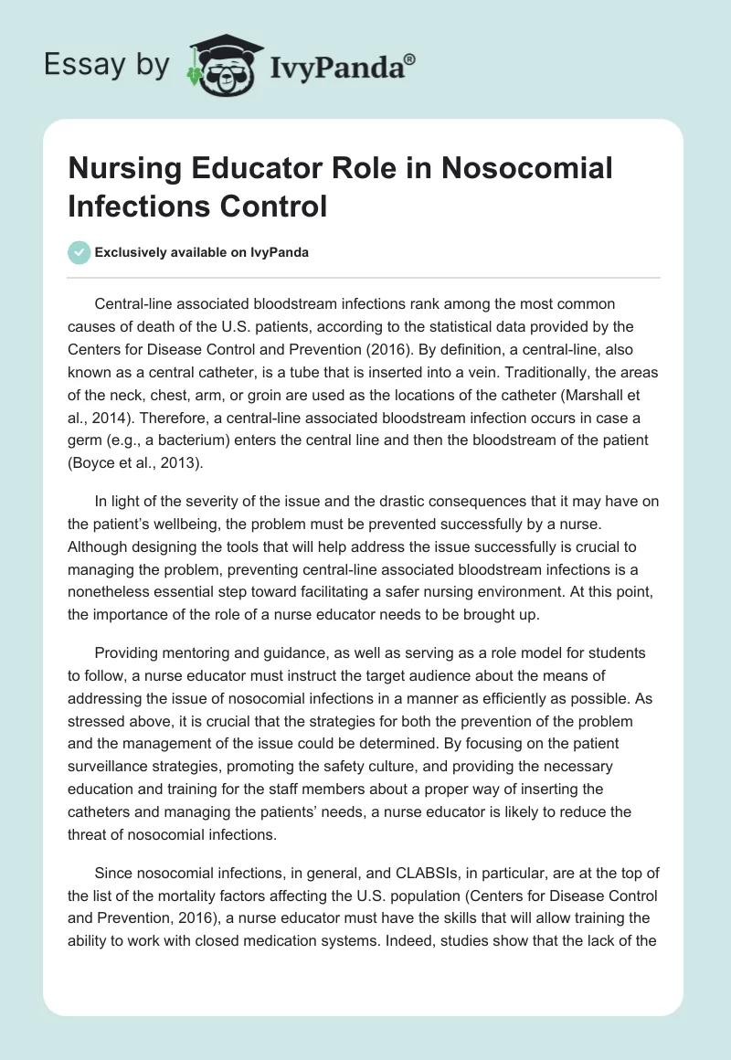 Nursing Educator Role in Nosocomial Infections Control. Page 1