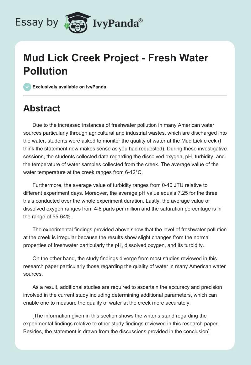 Mud Lick Creek Project - Fresh Water Pollution. Page 1