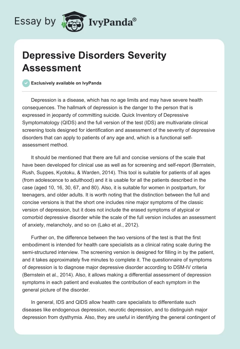 Depressive Disorders Severity Assessment. Page 1