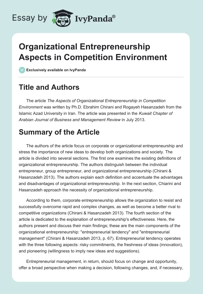 Organizational Entrepreneurship Aspects in Competition Environment. Page 1