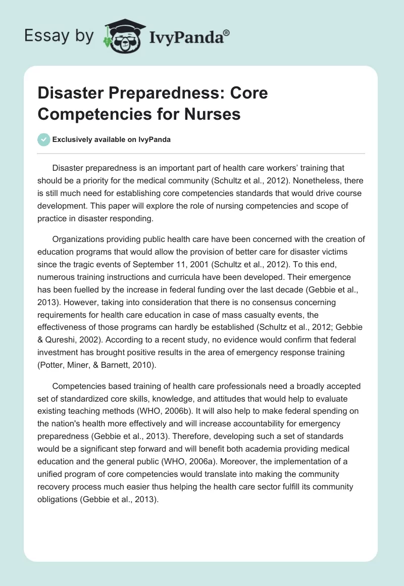 Disaster Preparedness: Core Competencies for Nurses. Page 1