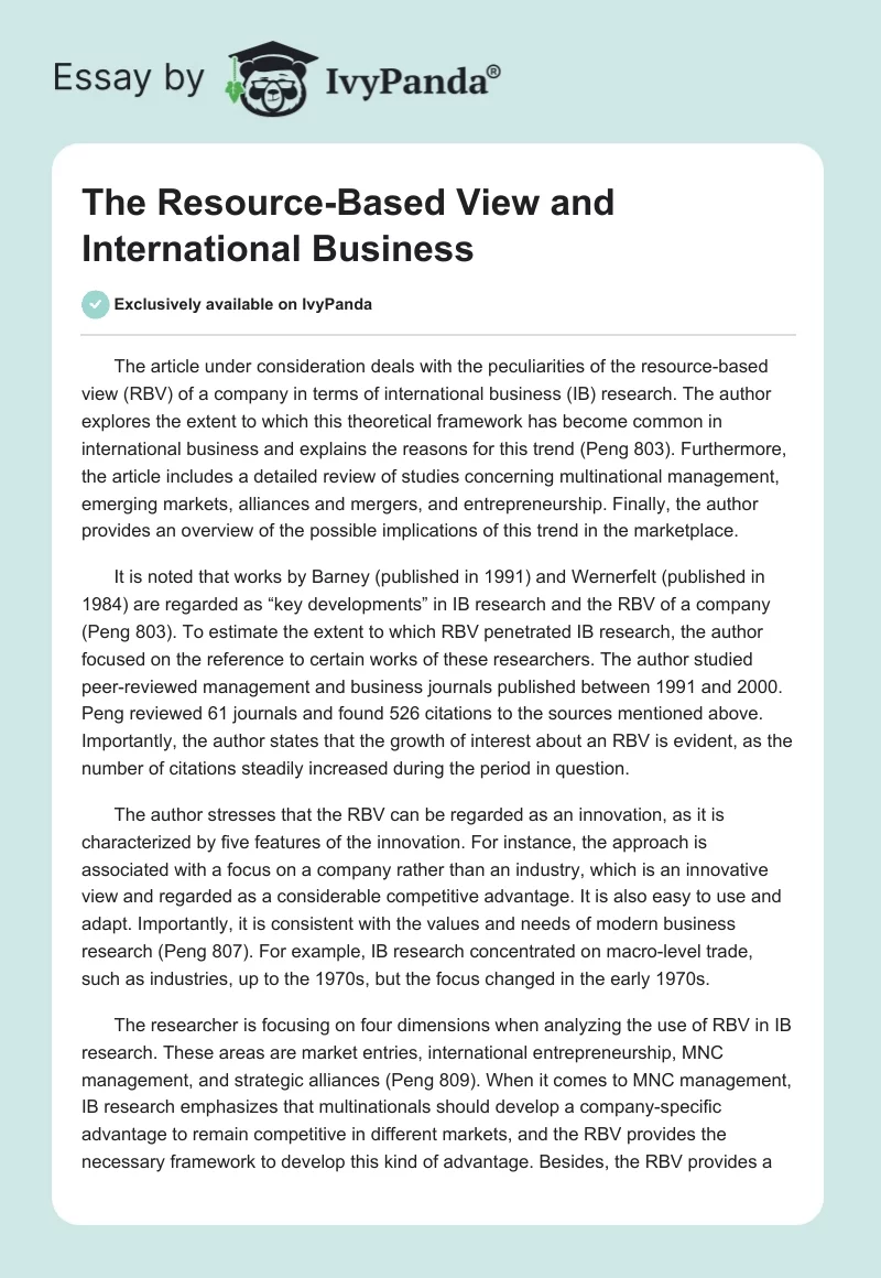 The Resource-Based View and International Business. Page 1
