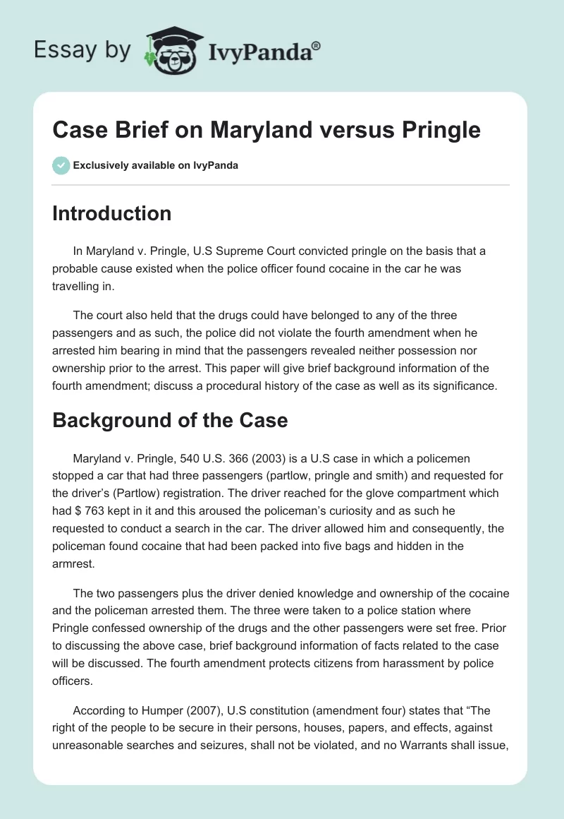 Case Brief on Maryland versus Pringle. Page 1