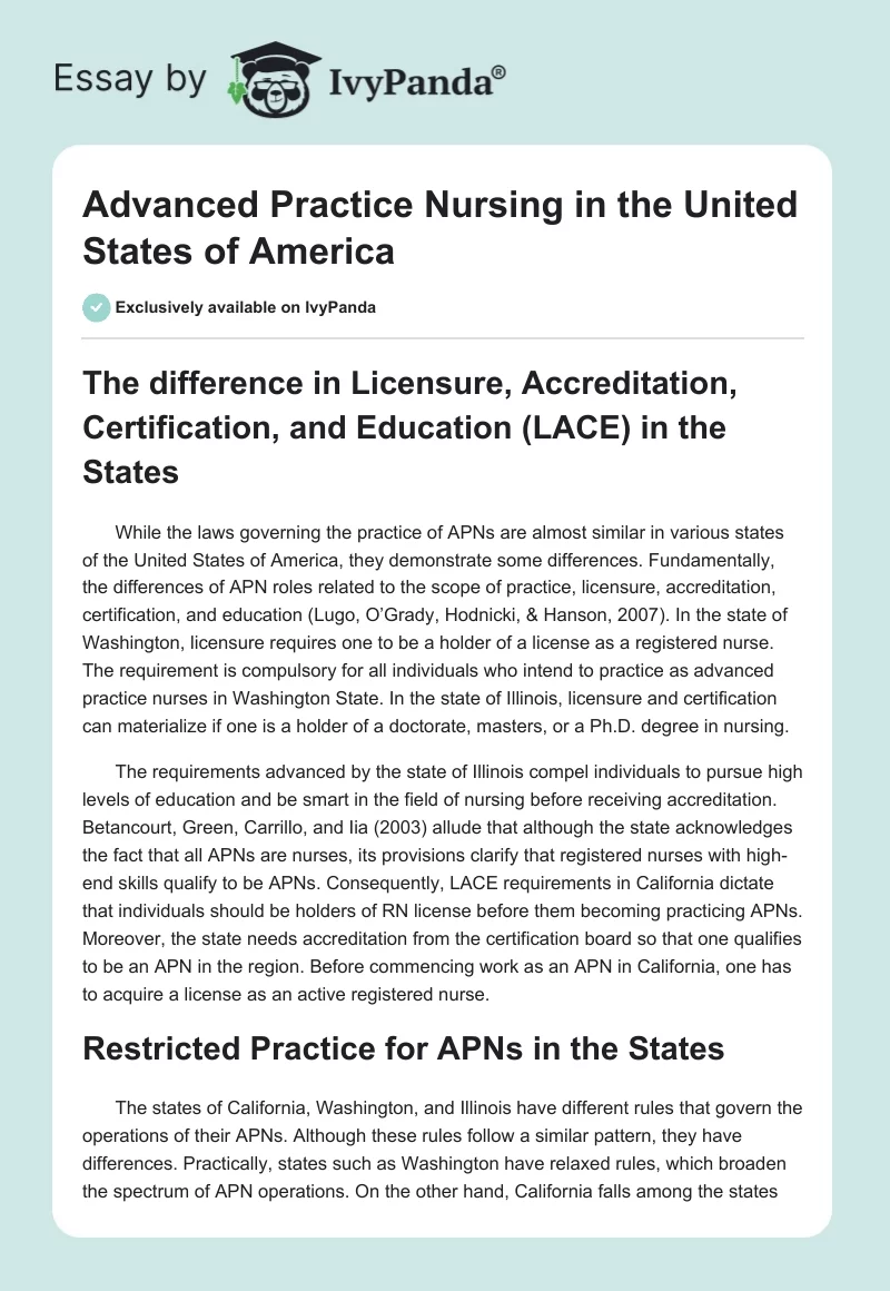 Advanced Practice Nursing in the United States of America. Page 1