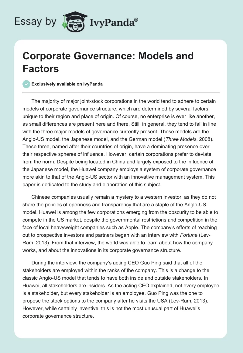 Corporate Governance: Models and Factors. Page 1