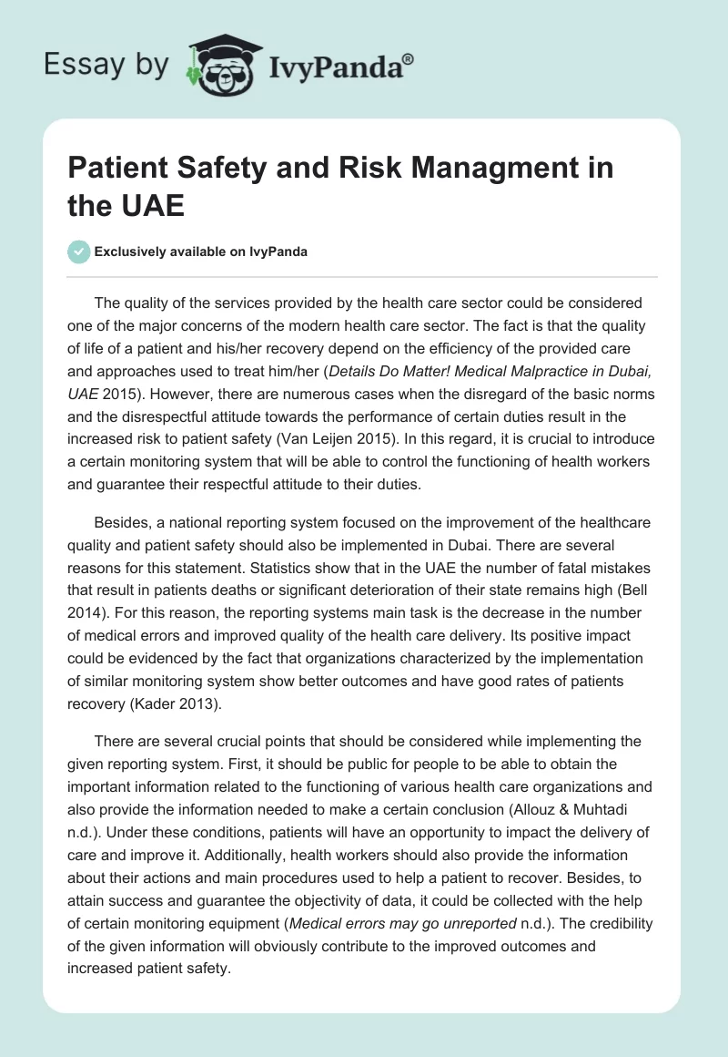 Patient Safety and Risk Managment in the UAE. Page 1