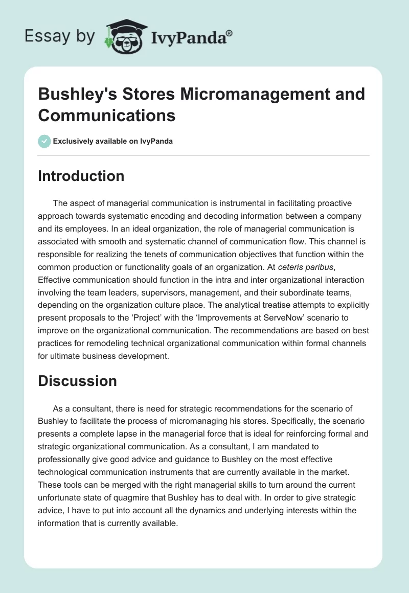 Bushley's Stores Micromanagement and Communications. Page 1