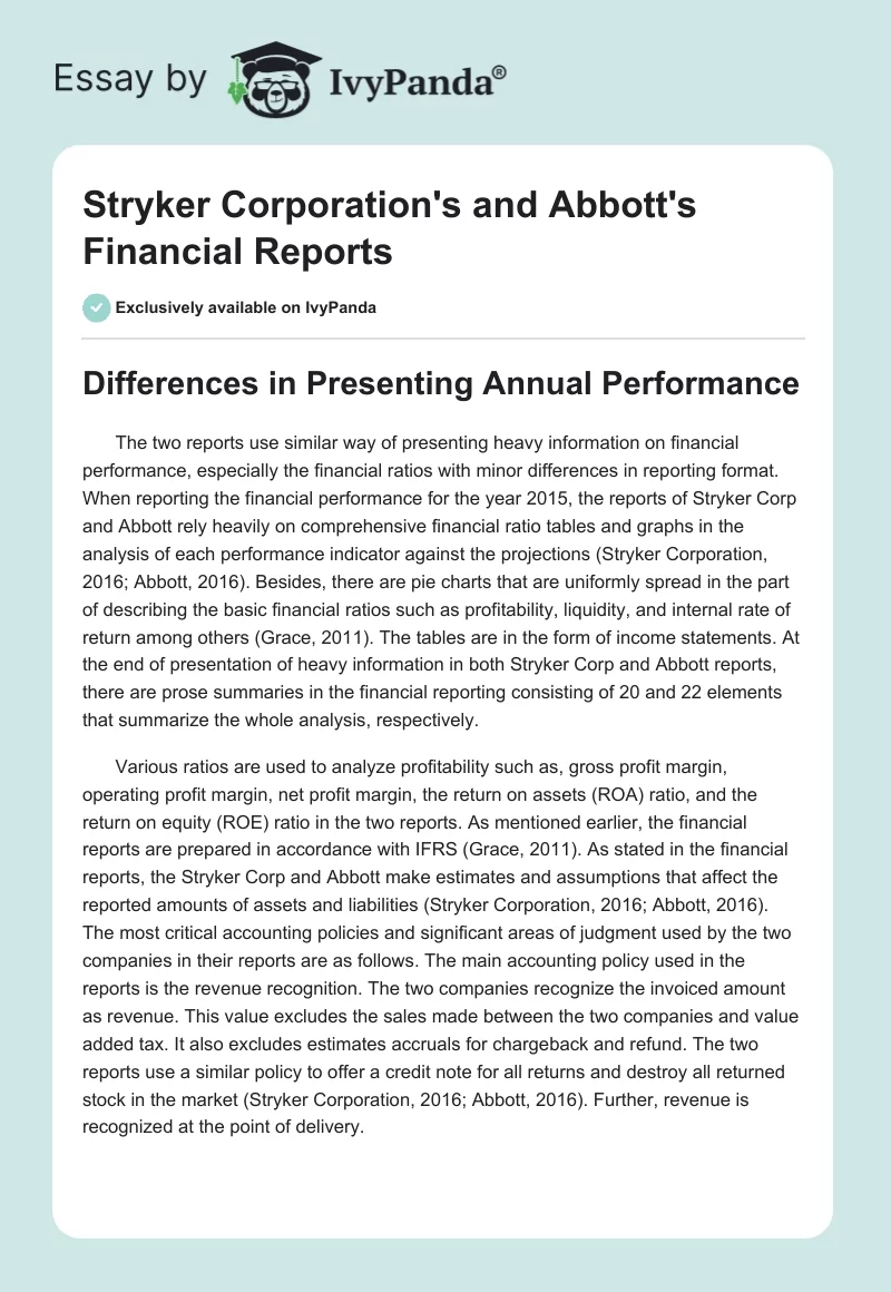 Stryker Corporation's and Abbott's Financial Reports. Page 1