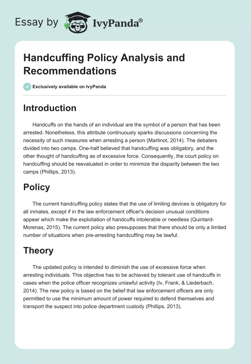 Handcuffing Policy Analysis and Recommendations. Page 1