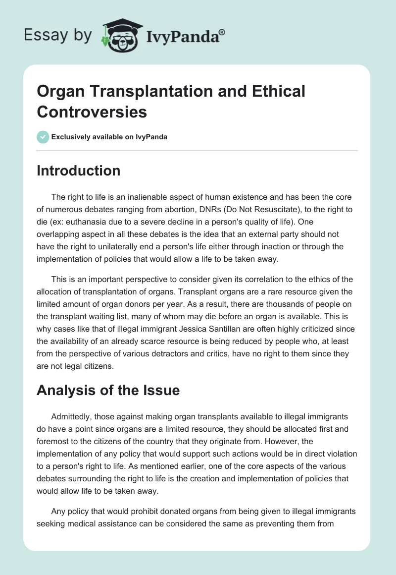 Organ Transplantation and Ethical Controversies. Page 1