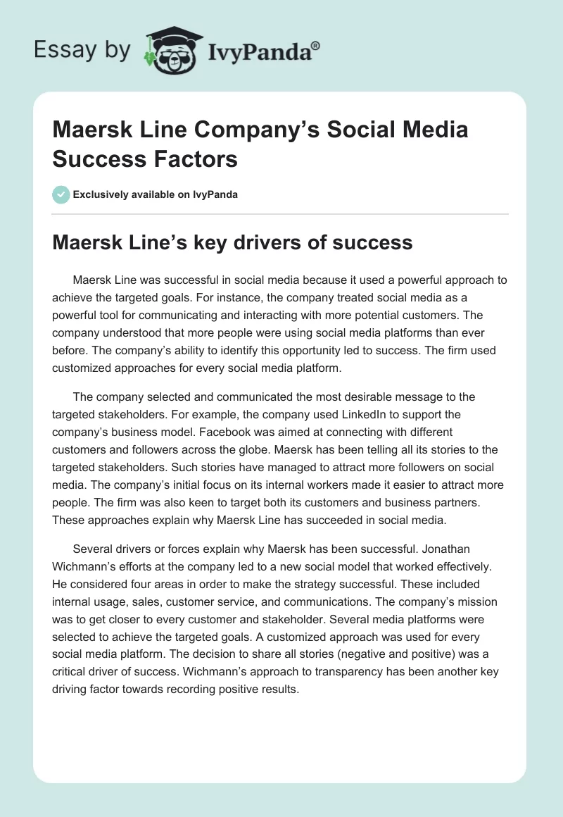 Maersk Line Company’s Social Media Success Factors. Page 1