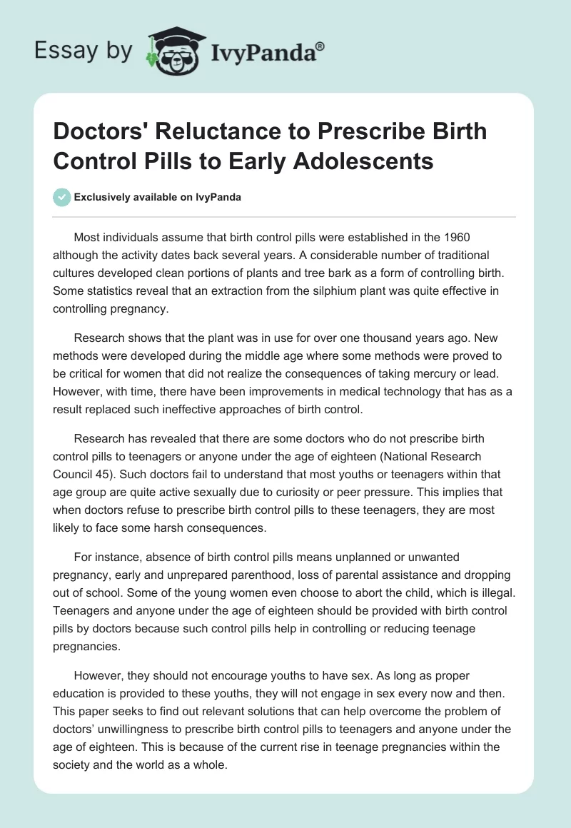 Doctors' Reluctance to Prescribe Birth Control Pills to Early Adolescents. Page 1