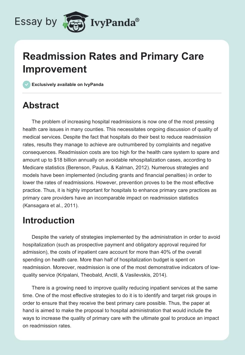 Readmission Rates and Primary Care Improvement. Page 1