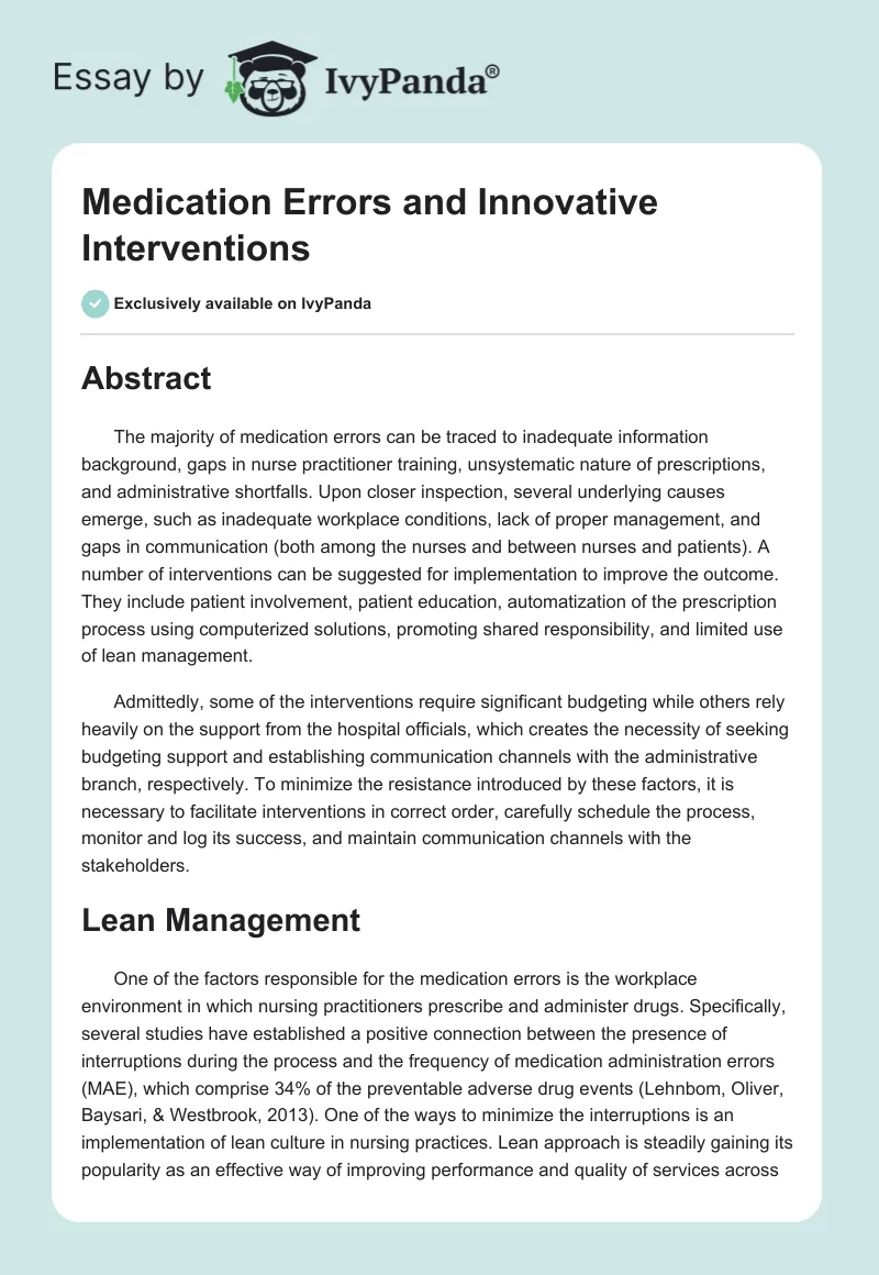 Medication Errors and Innovative Interventions. Page 1