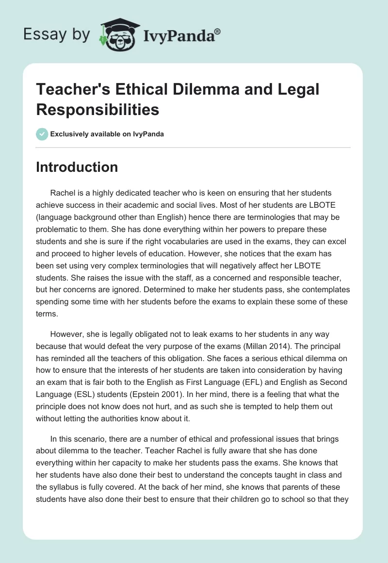 Teacher's Ethical Dilemma and Legal Responsibilities. Page 1