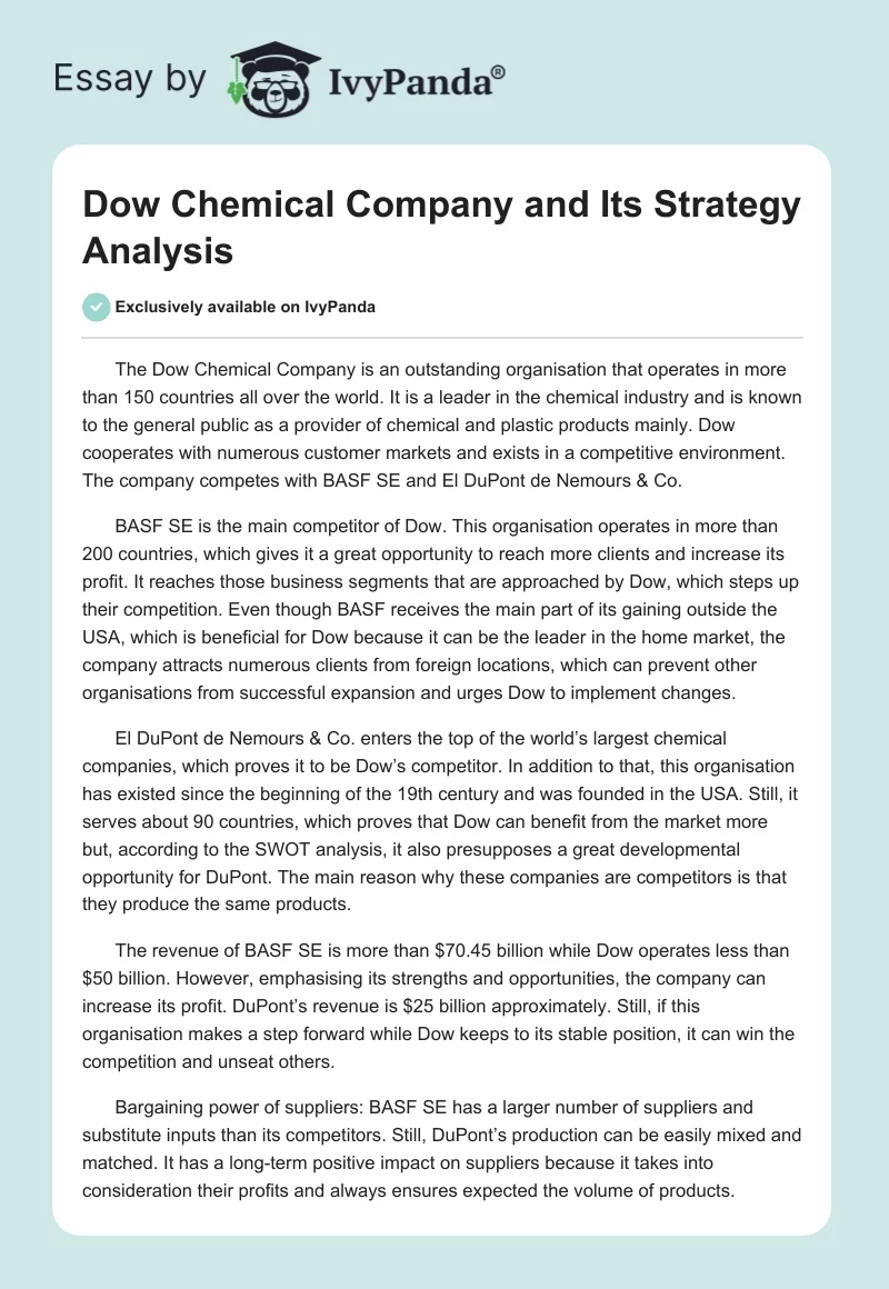Dow Chemical Company and Its Strategy Analysis. Page 1