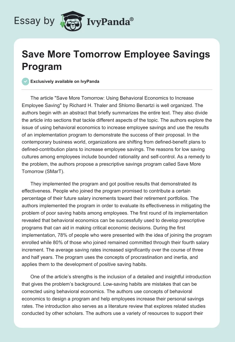 Save More Tomorrow Employee Savings Program. Page 1