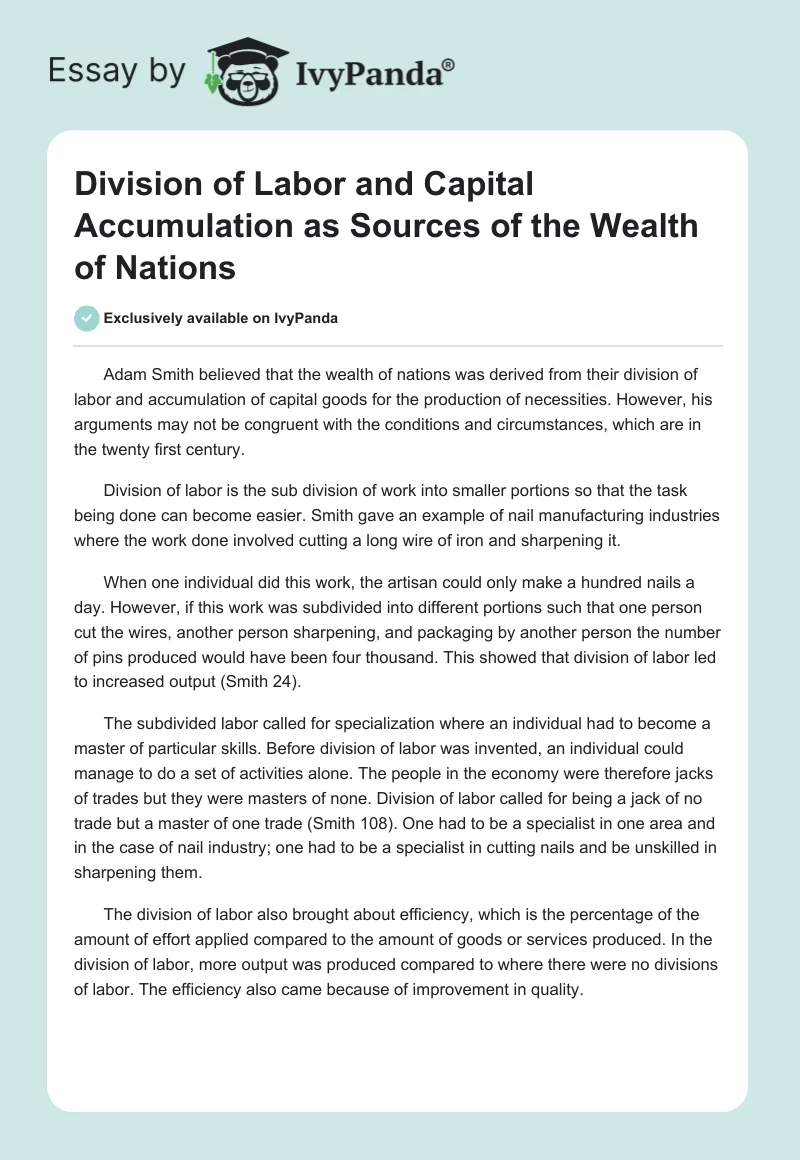 Division of Labor and Capital Accumulation as Sources of the Wealth of Nations. Page 1