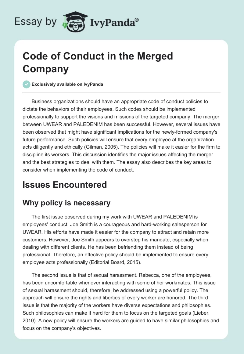 Code of Conduct in the Merged Company. Page 1