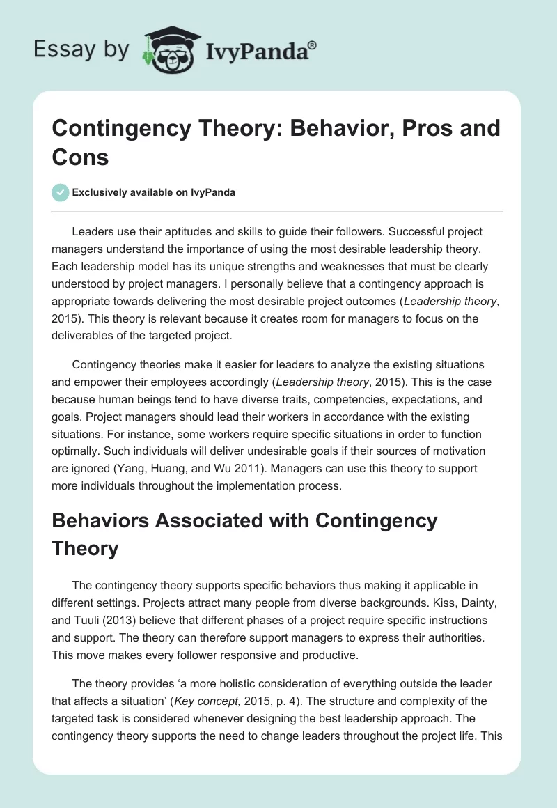 Contingency Theory: Behavior, Pros and Cons. Page 1