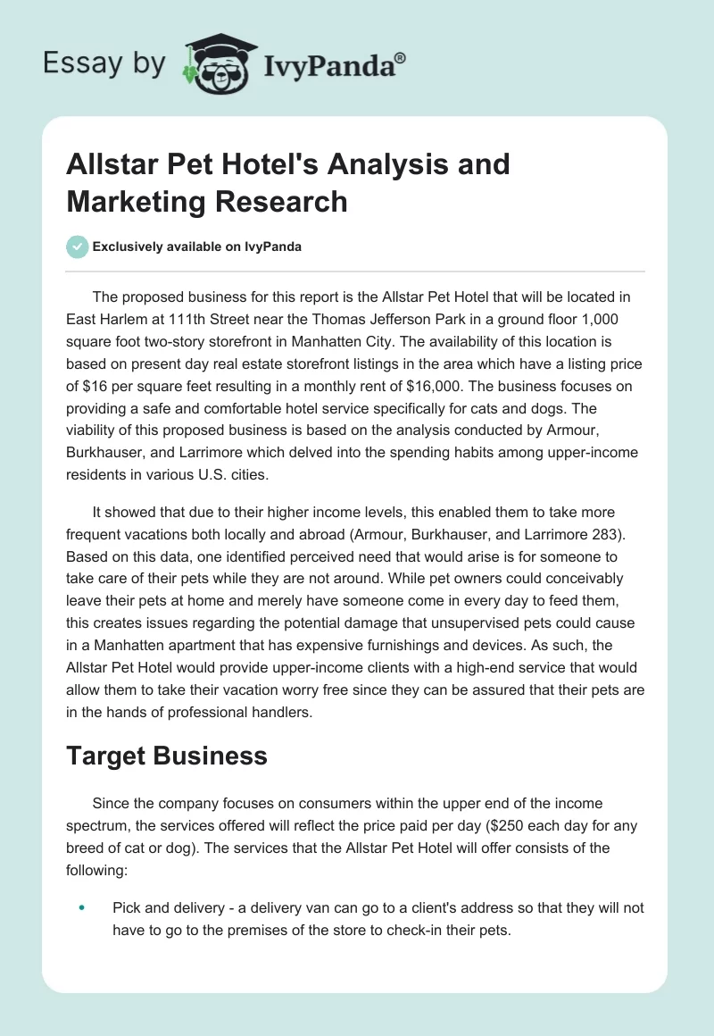 Allstar Pet Hotel's Analysis and Marketing Research. Page 1