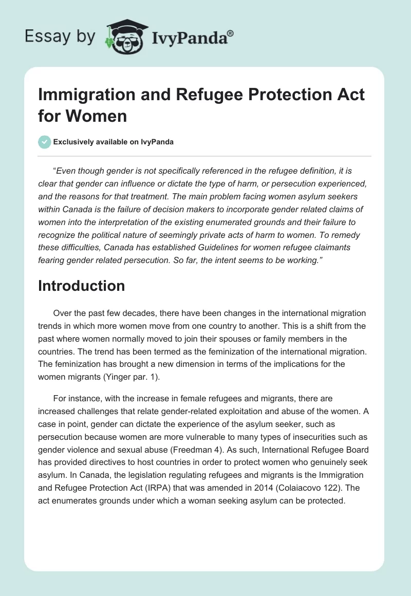 Immigration and Refugee Protection Act for Women. Page 1