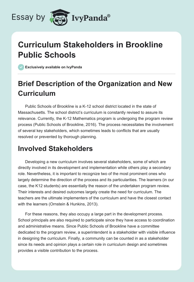 Curriculum Stakeholders in Brookline Public Schools. Page 1