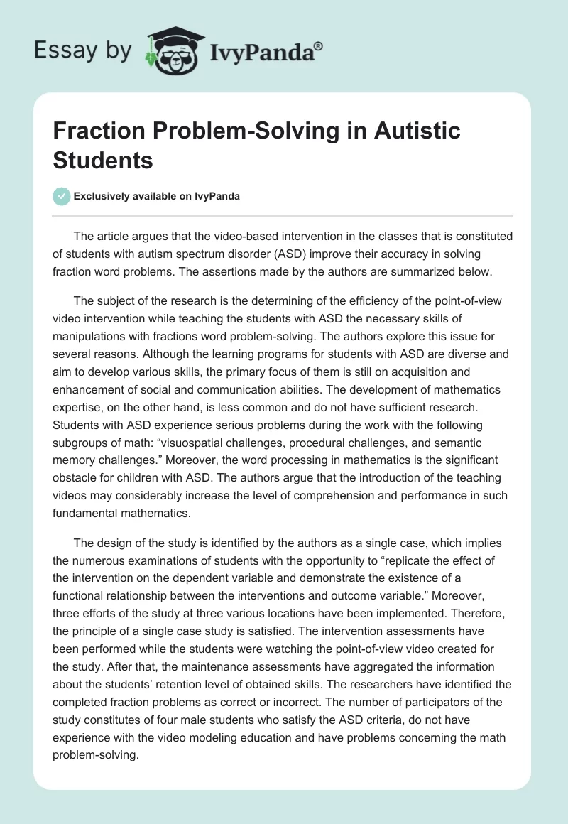 Fraction Problem-Solving in Autistic Students. Page 1