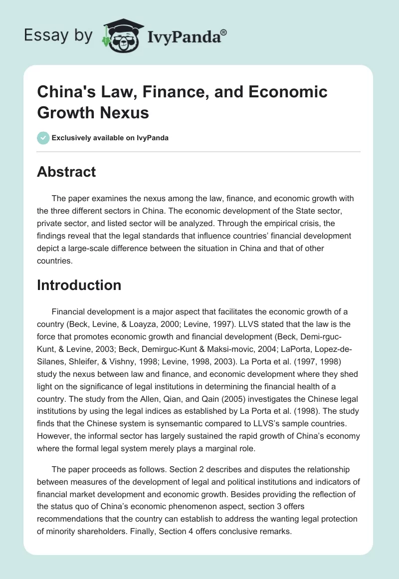 China's Law, Finance, and Economic Growth Nexus. Page 1