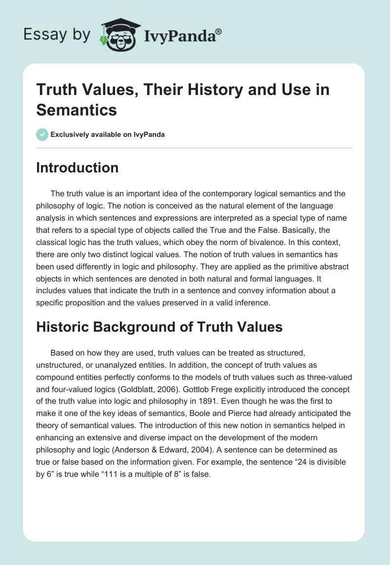 Truth Values, Their History and Use in Semantics. Page 1