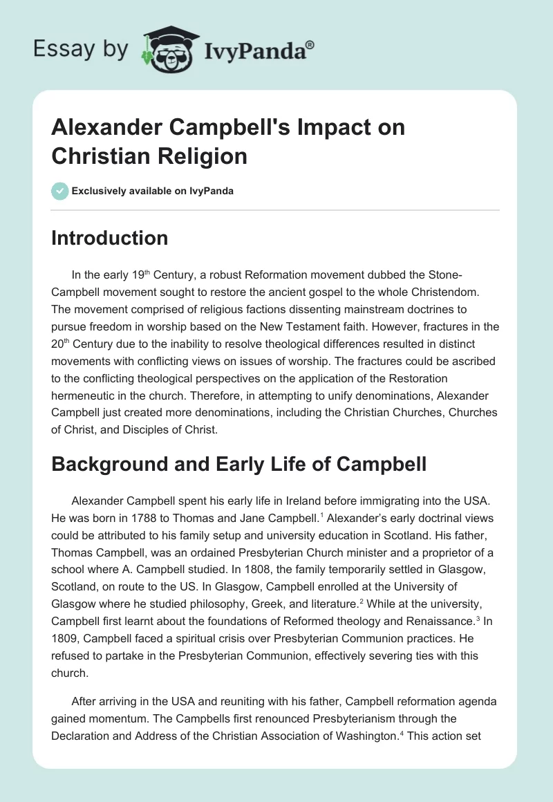Alexander Campbell's Impact on Christian Religion. Page 1