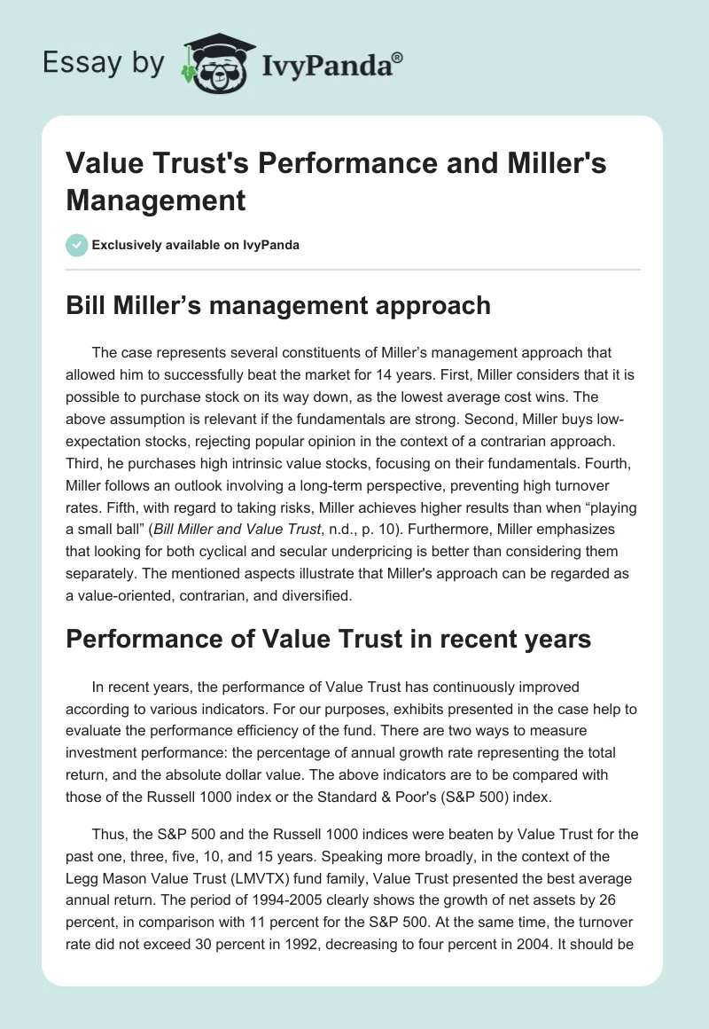 Value Trust's Performance and Miller's Management. Page 1