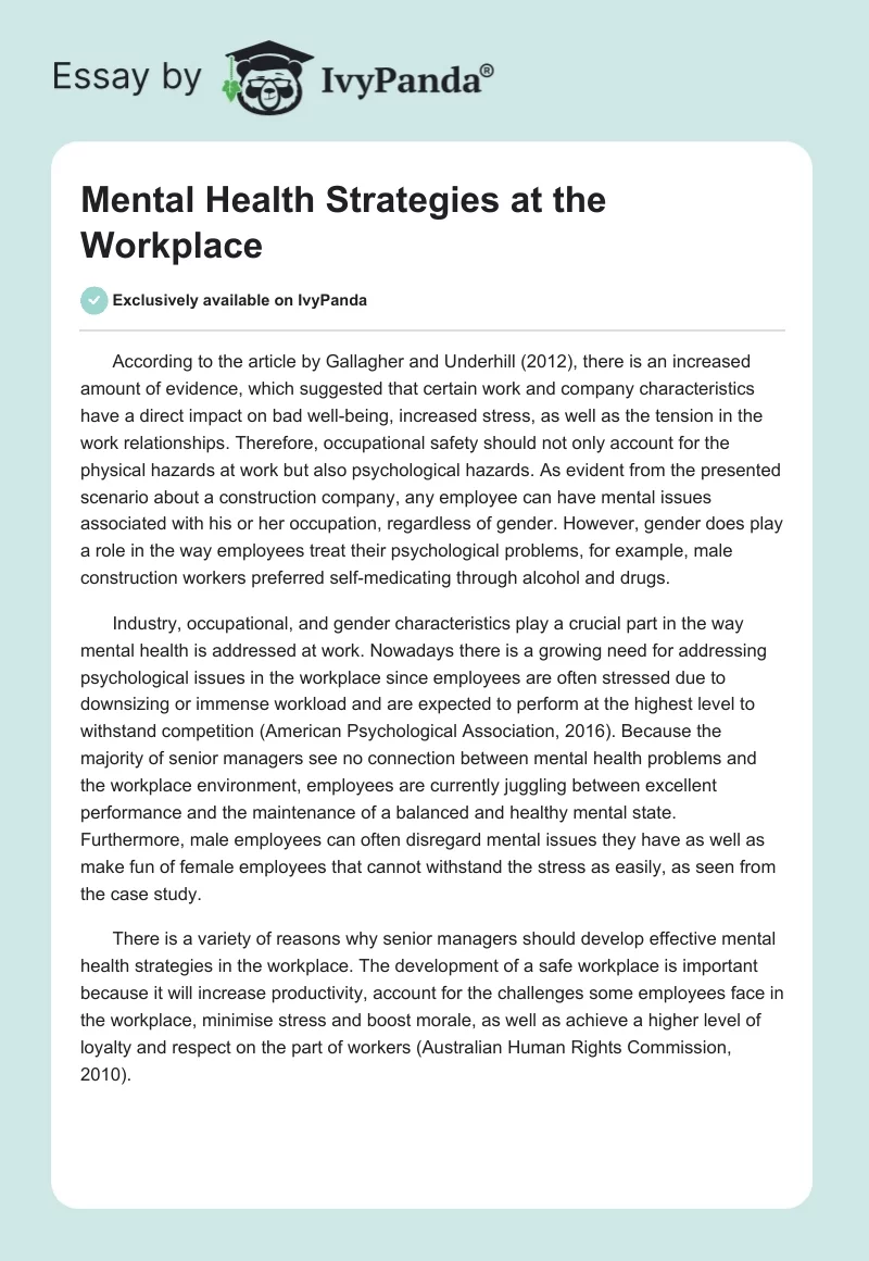 Mental Health Strategies at the Workplace. Page 1