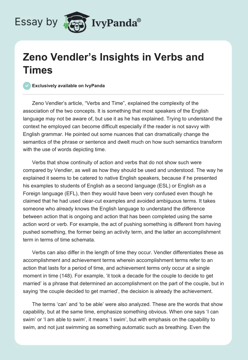 Zeno Vendler’s Insights in "Verbs and Times". Page 1